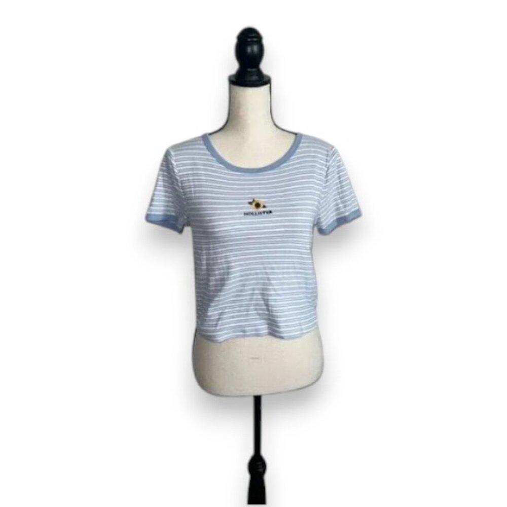 Hollister Blue and White Crop Tee Sunflower Embroidery